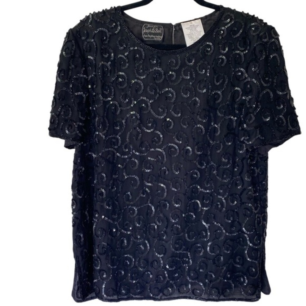 JEAN FOR‎ JOSEPH LEBON Black Vintage Silk Bead & Sequin Embellished Top Black 14